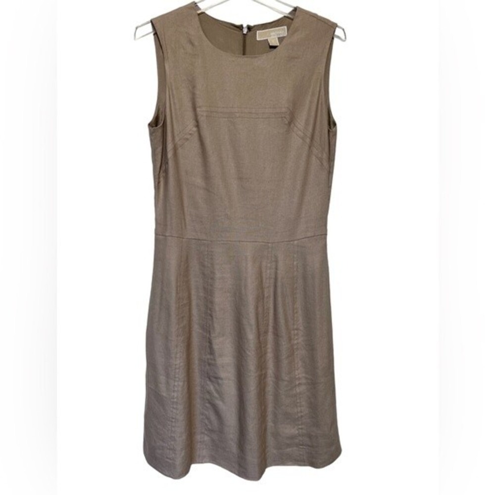 Micheal Kors Tan Linen Fit and Flare Dress with Side Slit Pockets. Size 6